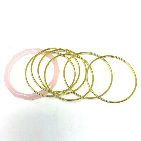 Avon Bangle Bracelet Set 6 Silver Gold Tone 1 Pink Faceted Size Small - Picture 1 of 3